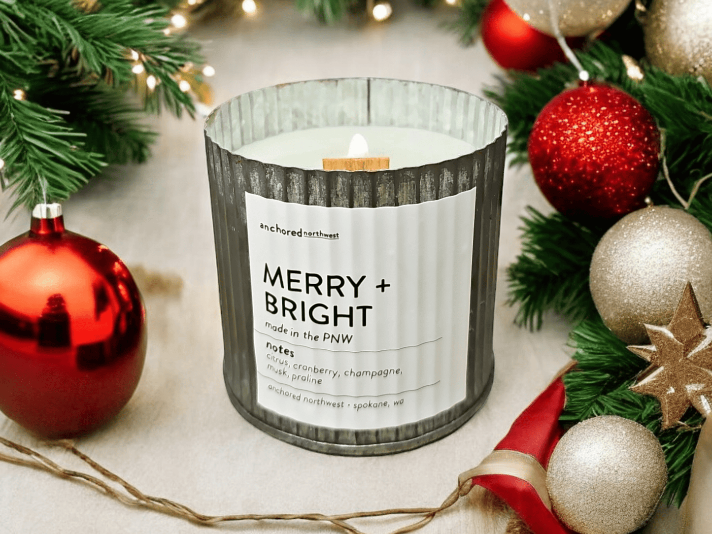 Merry + Bright Rustic Vintage Farmhouse Wood Wick Scented Candle: 10oz - T & R Underground Books